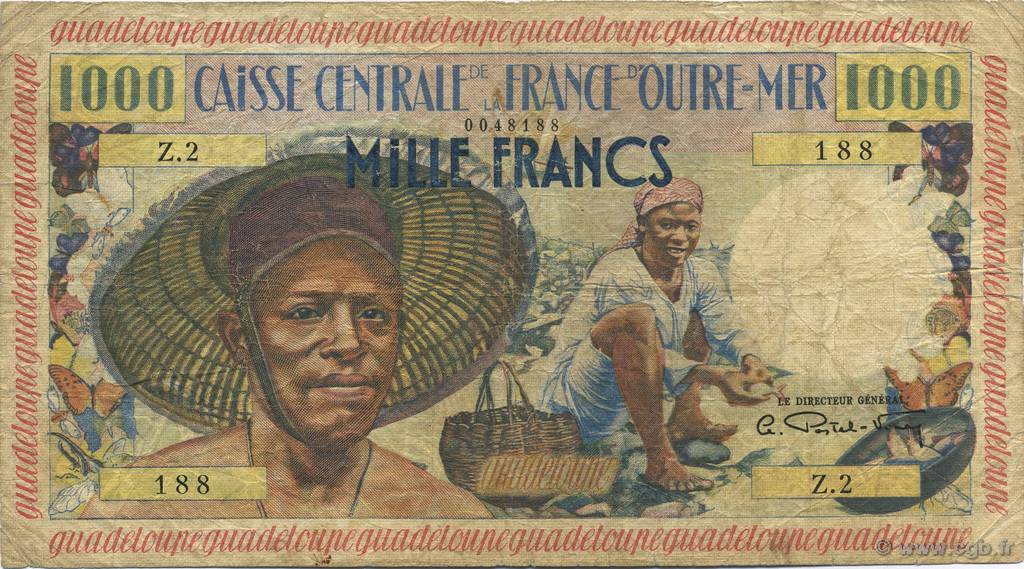 1000 Francs pêcheur GUADELOUPE  1955 P.39a BC+