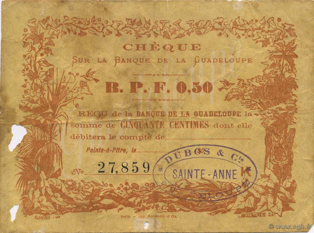 50 Centimes GUADELOUPE  1890 P.20B F+