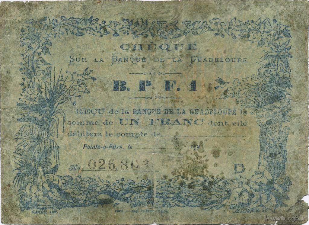 1 Franc GUADELOUPE  1890 P.20C q.B
