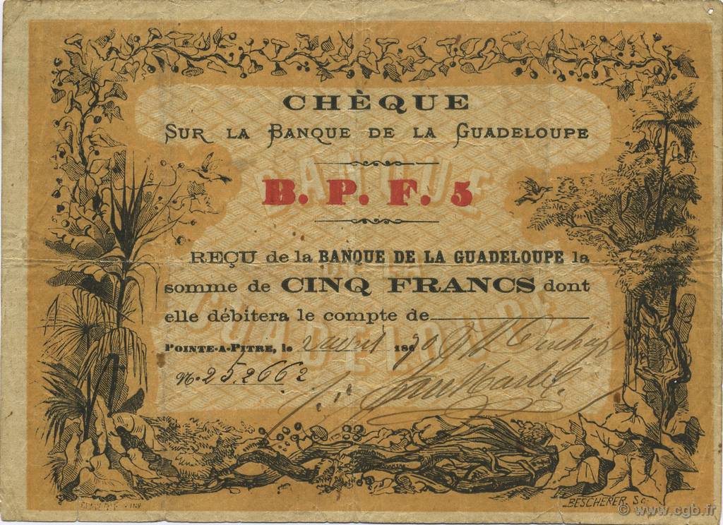 5 Francs GUADELOUPE  1870 P.20E BC+