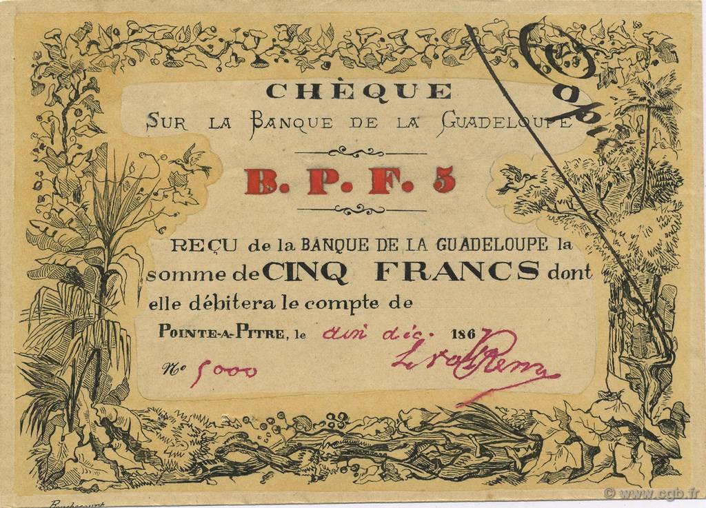 5 Francs GUADELOUPE  1867 P.20E SC