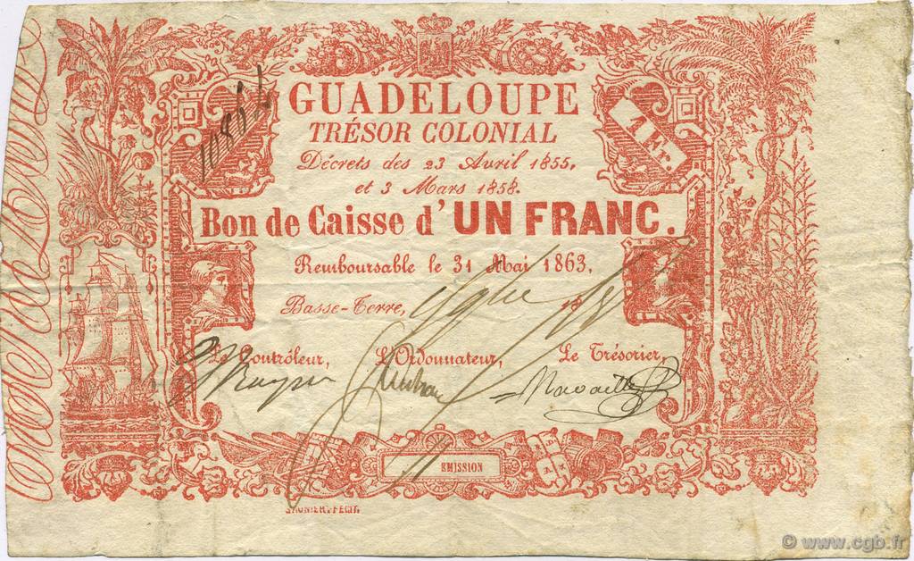 1 Franc GUADELOUPE  1863 P.A12A BC+