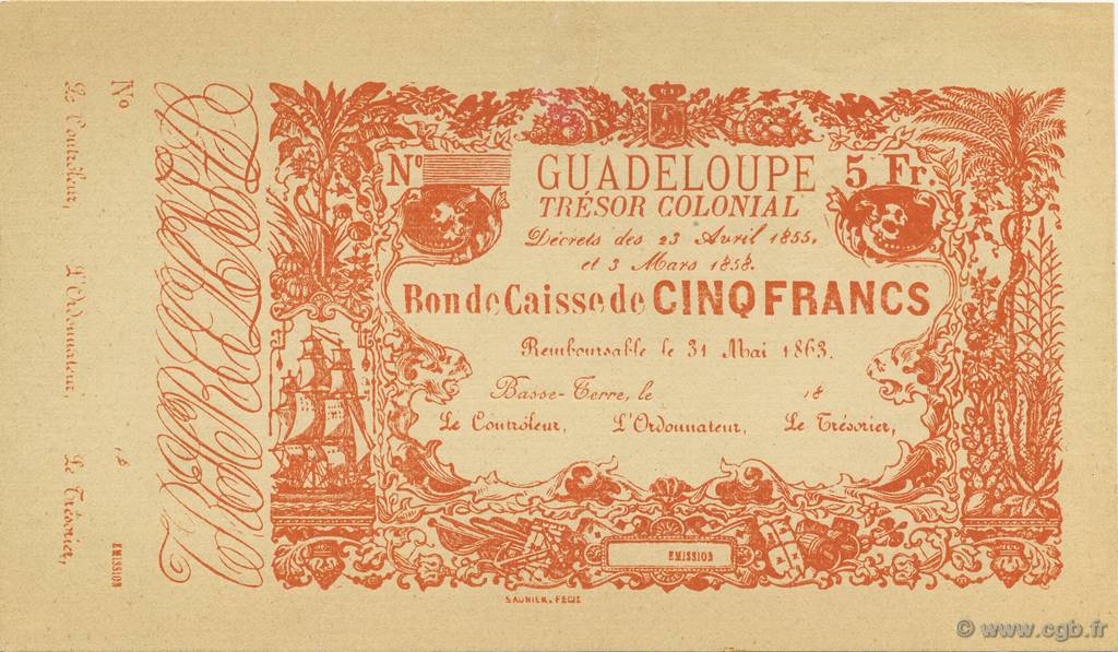 5 Francs GUADELOUPE  1858 P.A15s SC
