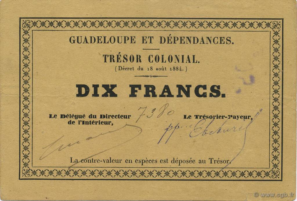 10 Francs GUADELOUPE  1884 P.05a VZ
