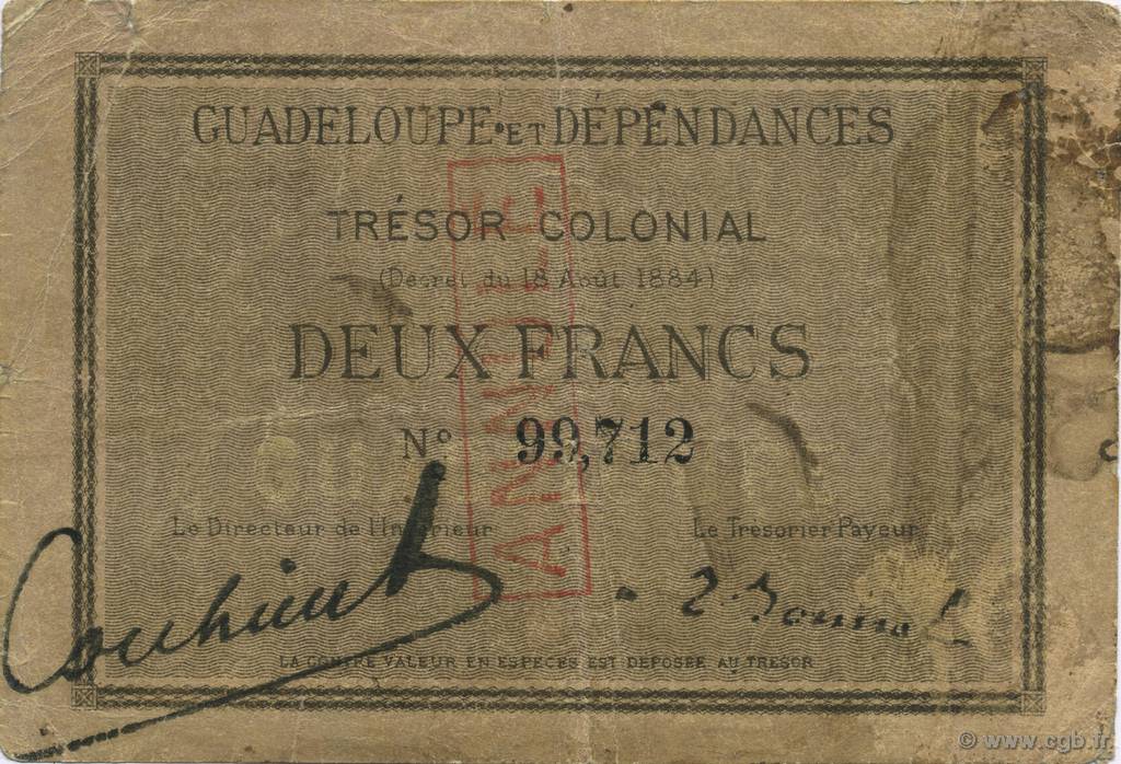 2 Francs Annulé GUADELOUPE  1884 P.03a fSS