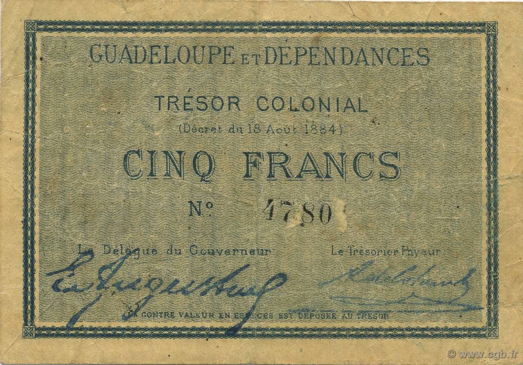 5 Francs GUADELOUPE  1884 P.04a SS