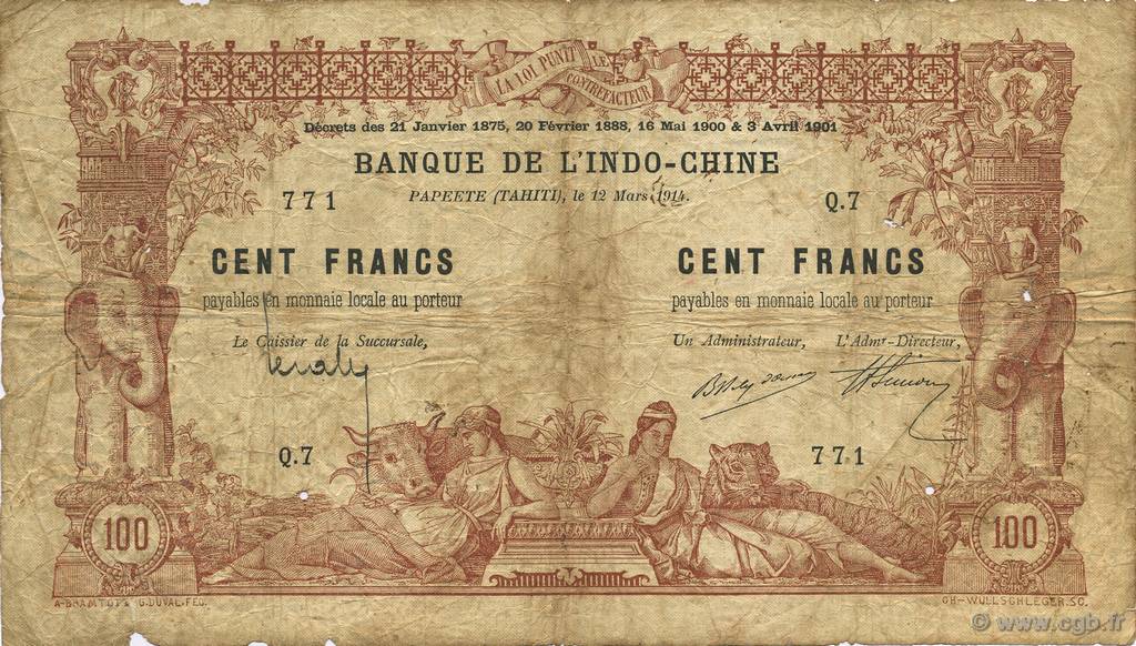 100 Francs TAHITI  1914 P.03 B+