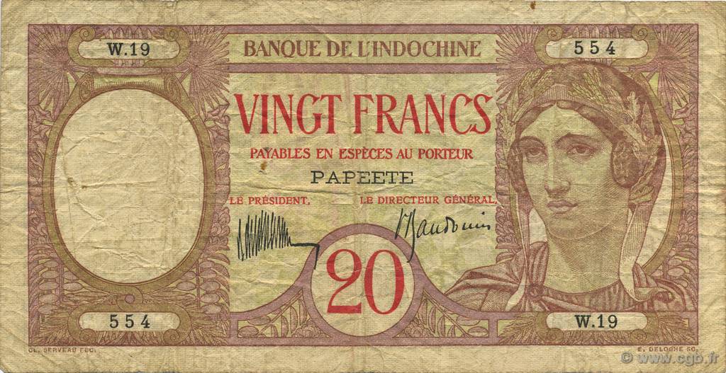 20 Francs TAHITI  1928 P.12b q.BB