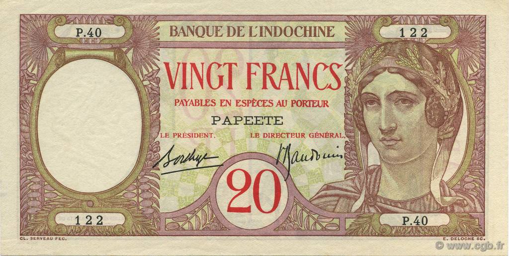 20 Francs TAHITI  1928 P.12c EBC+