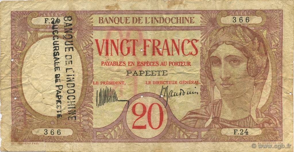 20 Francs TAHITI  1928 P.12d q.MB