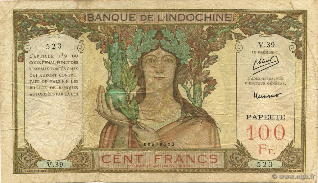 100 Francs TAHITI  1952 P.14b F+