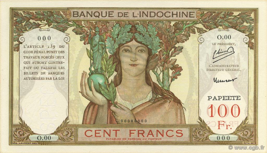 100 Francs TAHITI  1952 P.14bs q.FDC