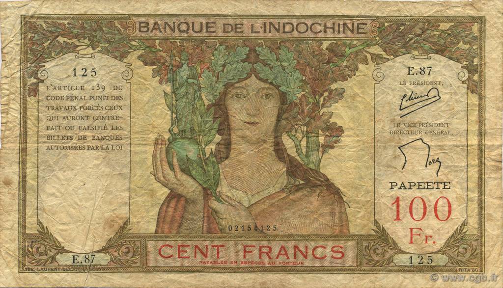 100 Francs TAHITI  1956 P.14c F+