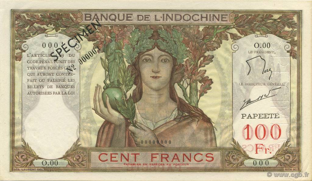 100 Francs TAHITI  1961 P.14ds fST+