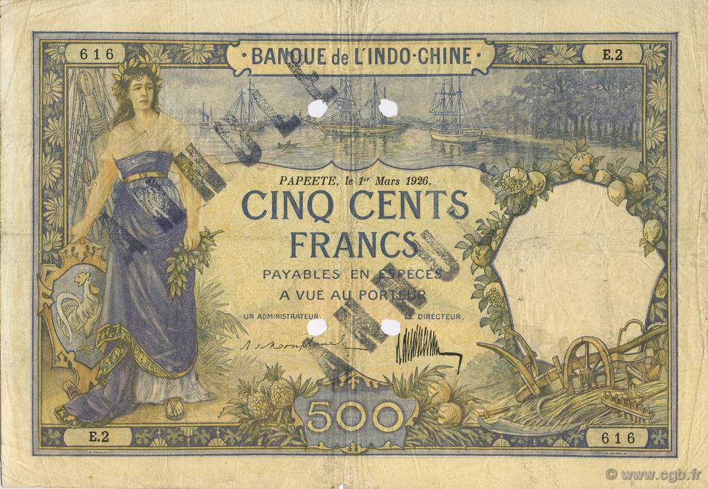 500 Francs TAHITI  1926 P.13as SS