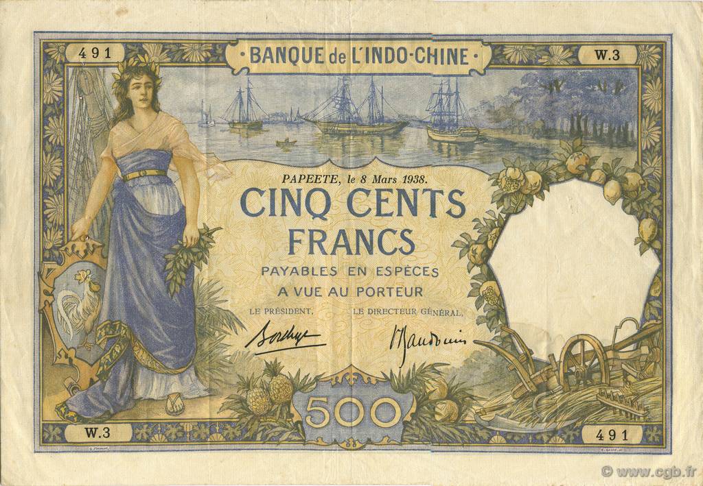 500 Francs TAHITI  1938 P.13b VF+