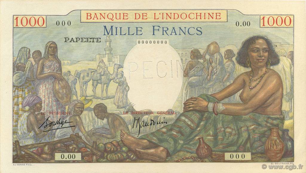 1000 Francs TAHITI  1938 P.15-s q.FDC