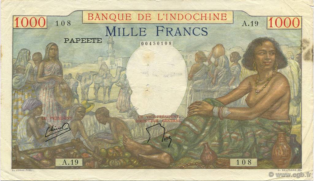 1000 Francs TAHITI  1954 P.15b F+