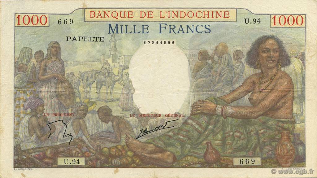 1000 Francs TAHITI  1957 P.15c MBC
