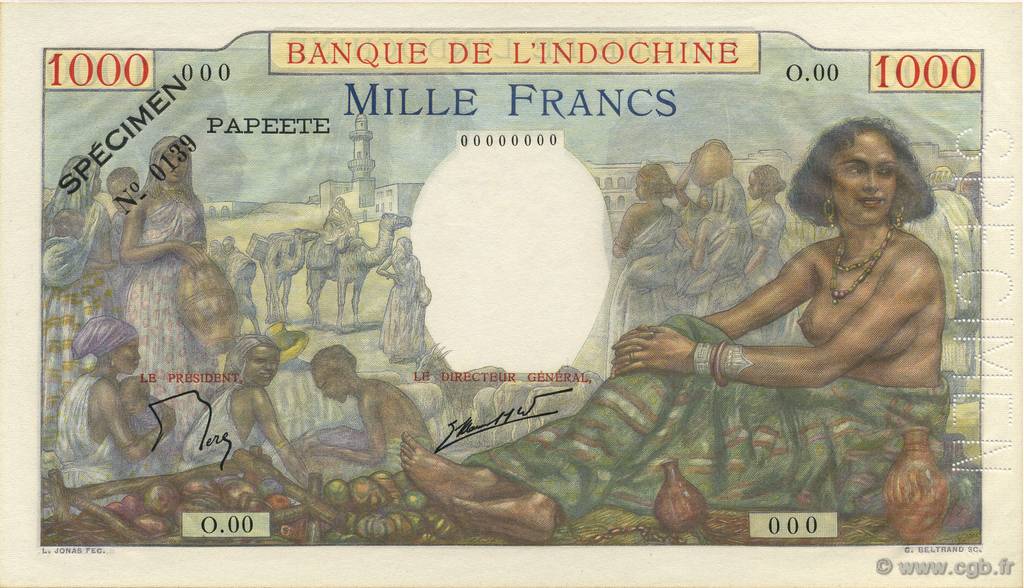 1000 Francs TAHITI  1957 P.15cs UNC