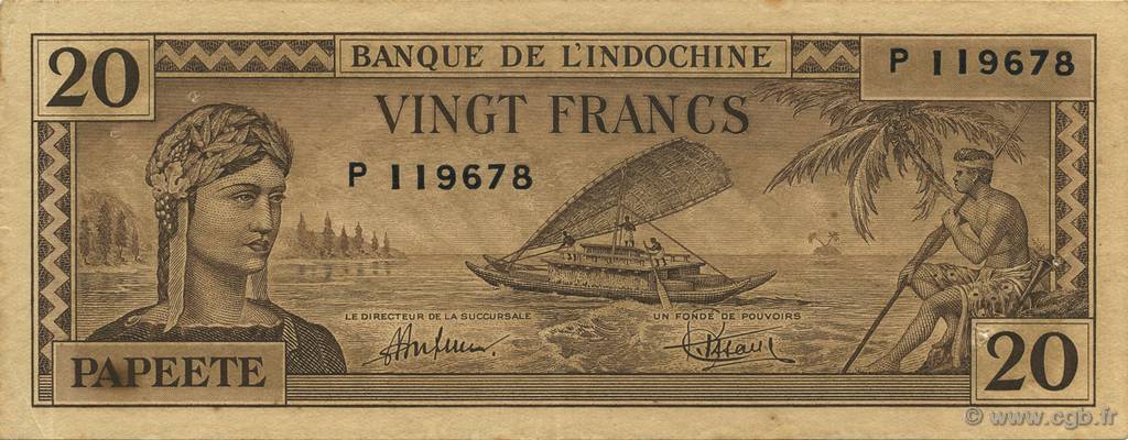 20 Francs TAHITI  1944 P.20a XF