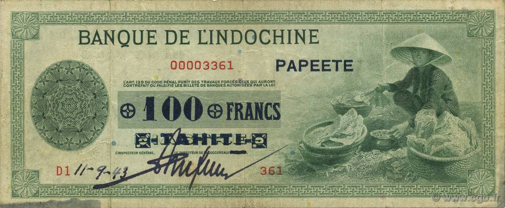 100 Francs TAHITI  1943 P.17b BB