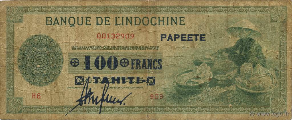 100 Francs TAHITI  1943 P.17a MB