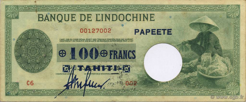 100 Francs TAHITI  1943 P.17b EBC