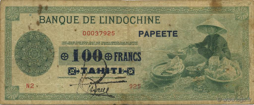 100 Francs TAHITI  1943 P.17b q.BB