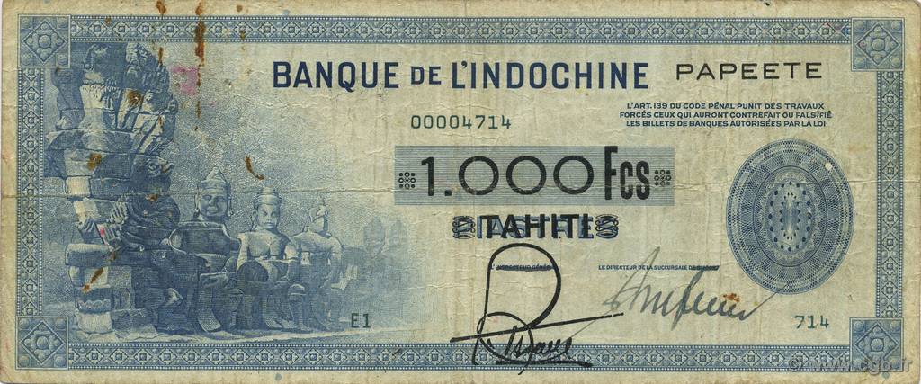 1000 Francs TAHITI  1943 P.18a F - VF
