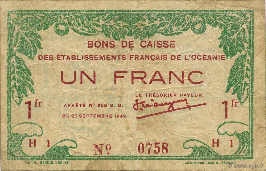 1 Franc OCEANIA  1943 P.11c VF