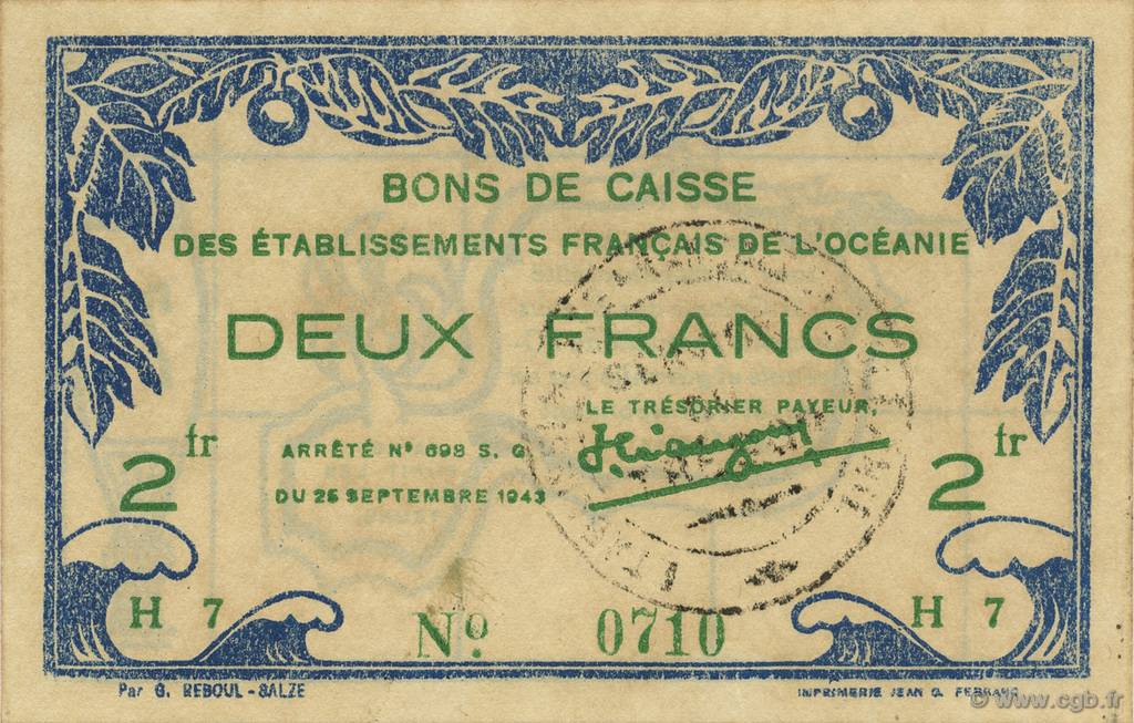 2 Francs OCEANIA  1943 P.12a AU-