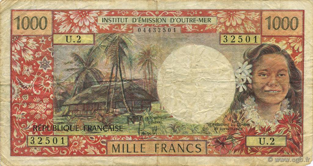 1000 Francs TAHITI  1977 P.27b MB