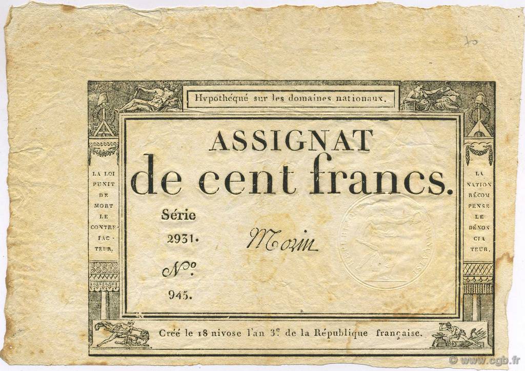 100 Francs FRANCE  1795 Laf.173 XF