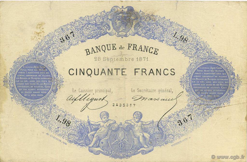 50 Francs 1868, INDICES NOIRS FRANCE  1871 F.A38.05 F+