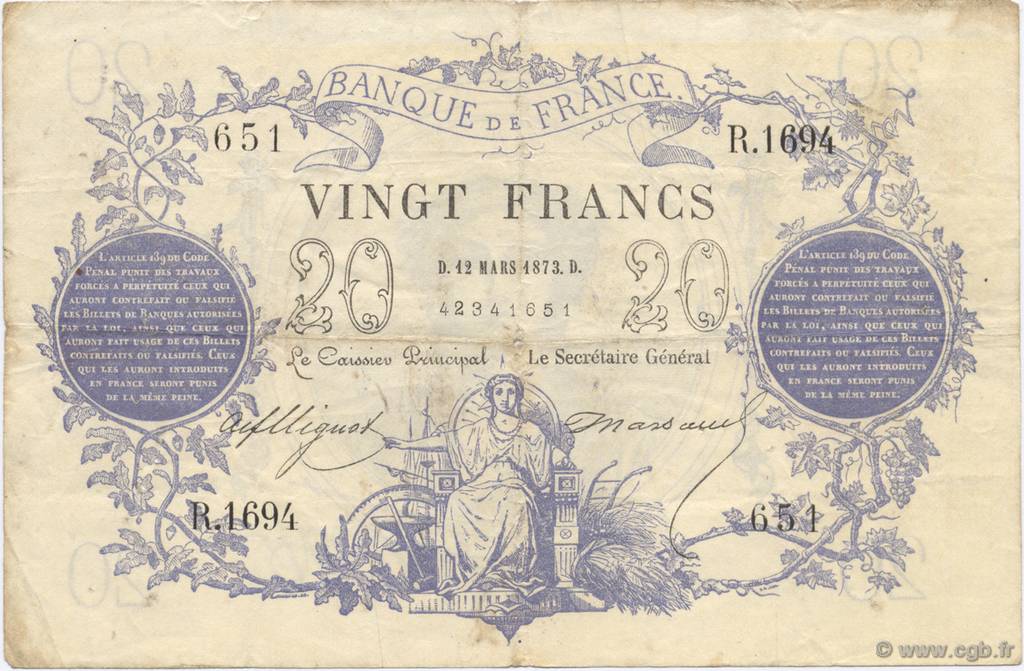 20 Francs type 1871 FRANCIA  1873 F.A46.04 q.BB