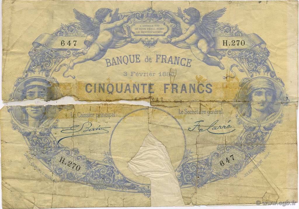 50 Francs 1884, INDICES NOIRS FRANCIA  1886 F.A47.03 MC