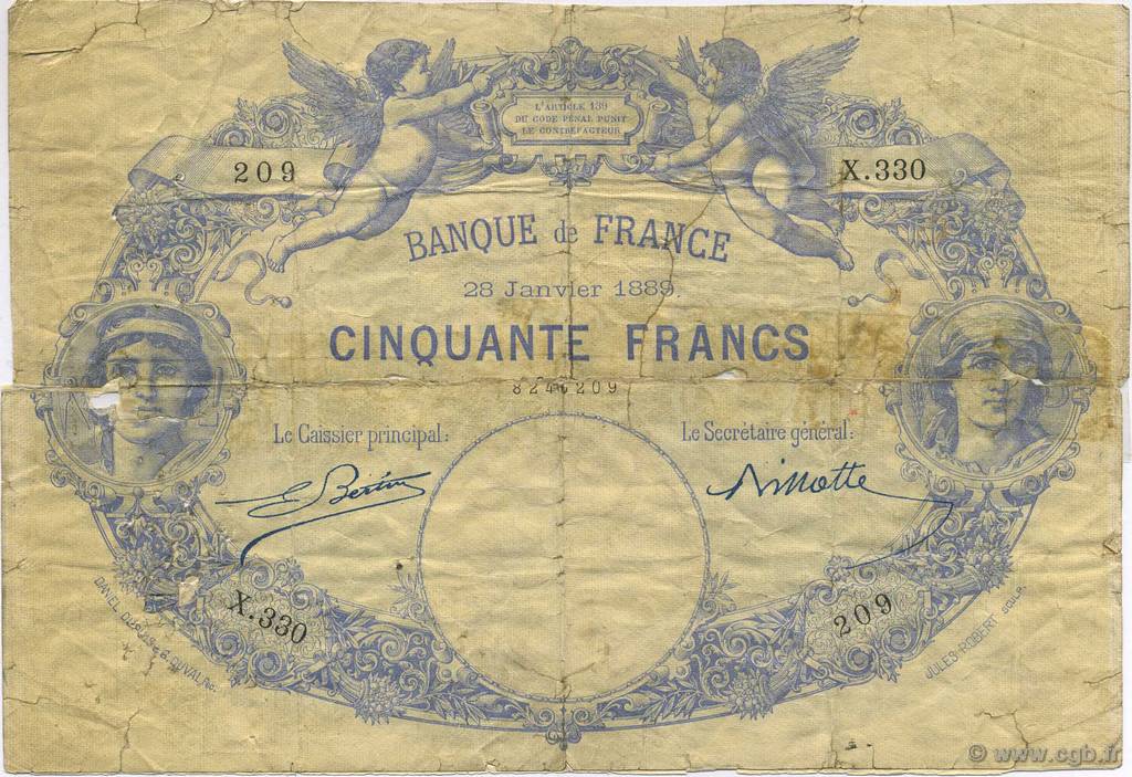 50 Francs 1884, INDICES NOIRS FRANCE  1889 F.A47.05 G
