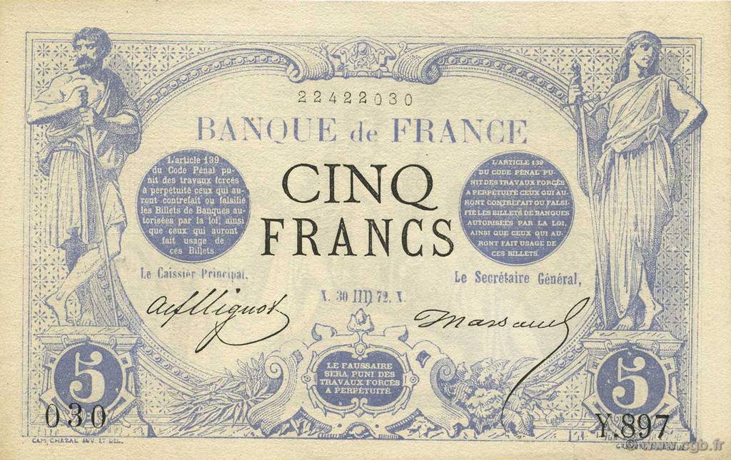 5 Francs NOIR FRANCIA  1872 F.01.09 SPL+