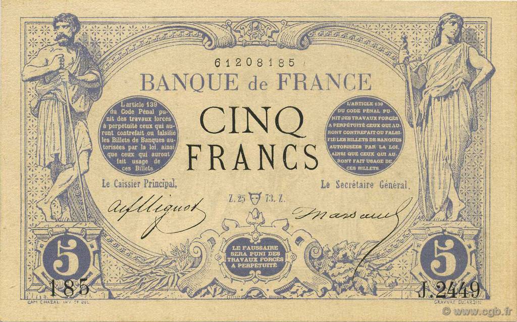 5 Francs NOIR FRANCIA  1873 F.01.17 q.FDC