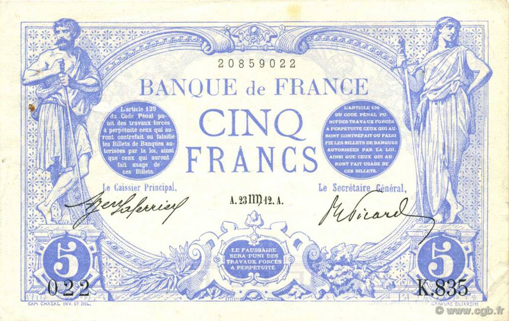 5 Francs BLEU FRANCE  1912 F.02.08 XF