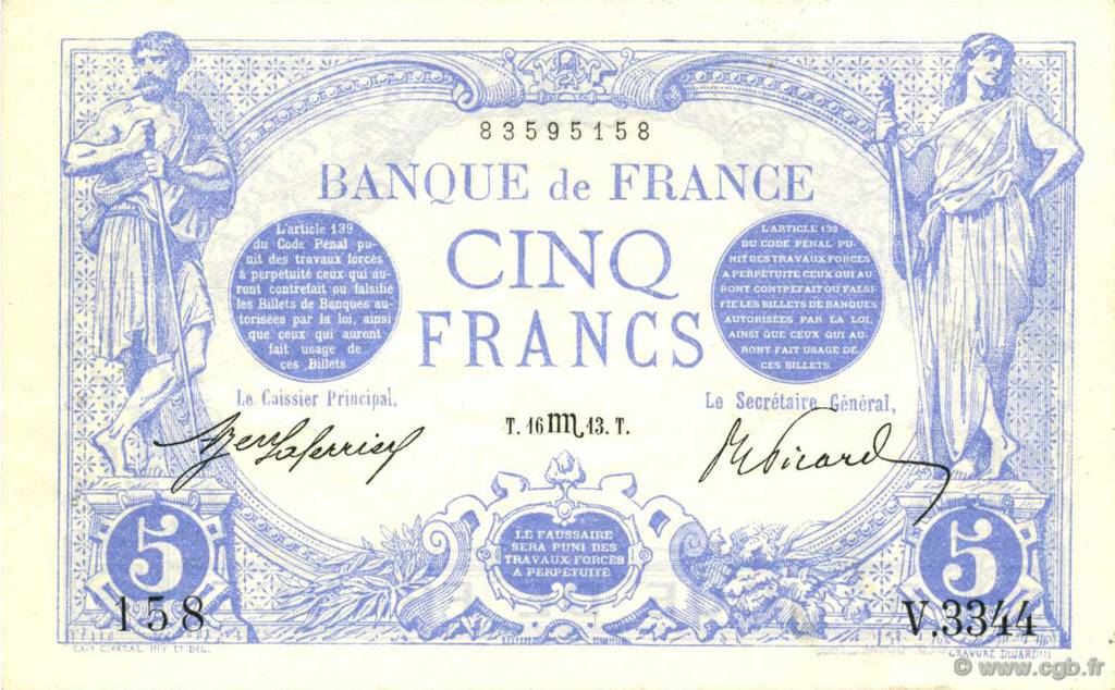 5 Francs BLEU FRANCIA  1913 F.02.21 EBC+