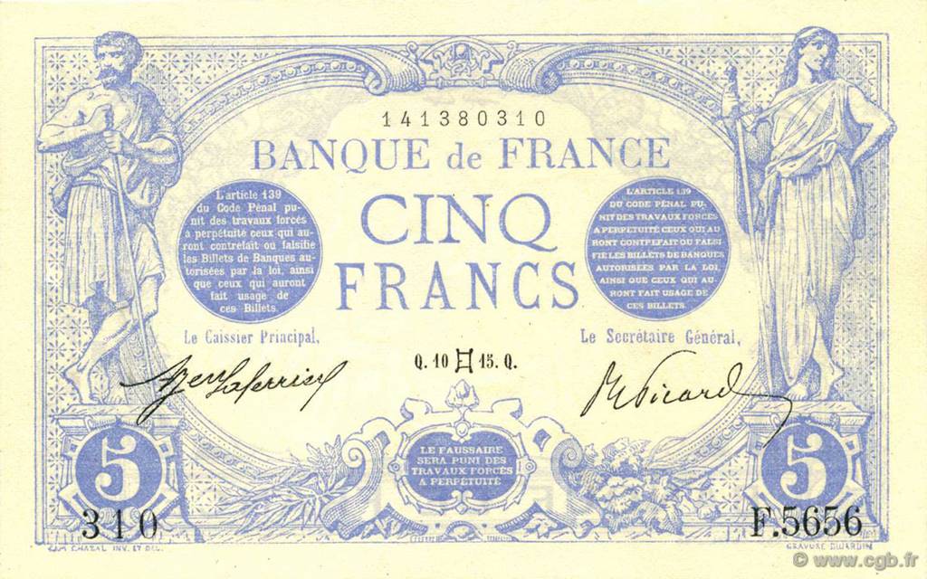 5 Francs BLEU FRANCE  1915 F.02.27 AU