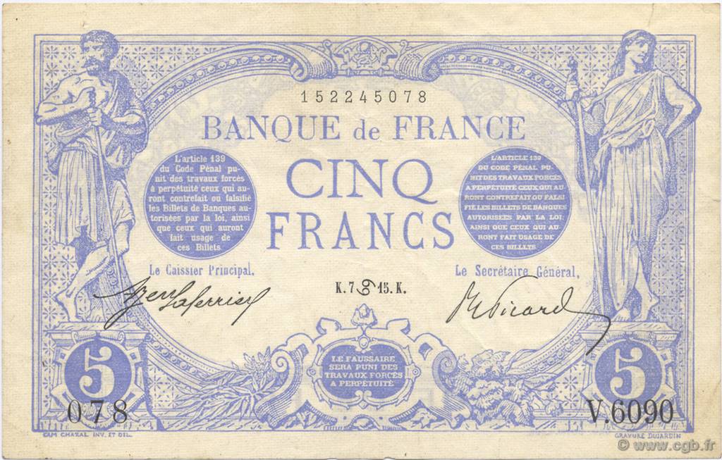 5 Francs BLEU FRANCE  1915 F.02.28 XF-