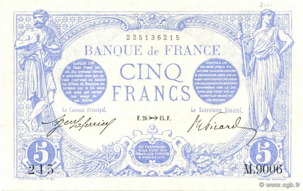 5 Francs BLEU FRANKREICH  1915 F.02.33 fST+