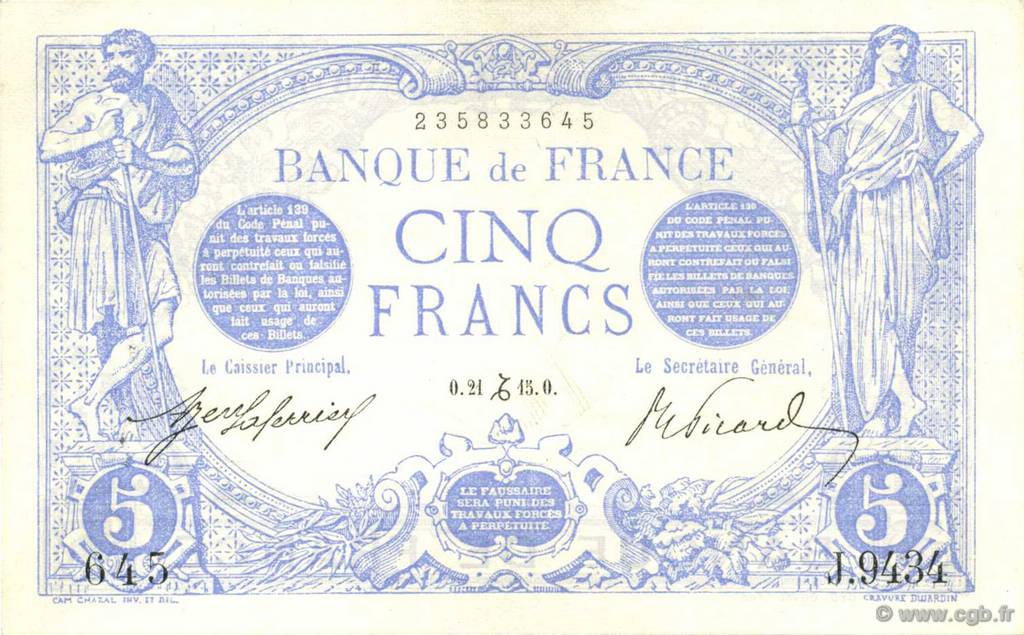 5 Francs BLEU FRANCIA  1915 F.02.34 EBC+