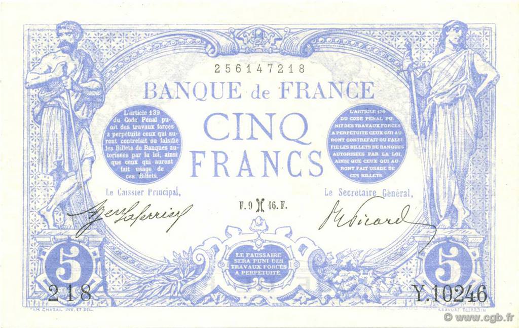 5 Francs BLEU FRANKREICH  1916 F.02.36 fST