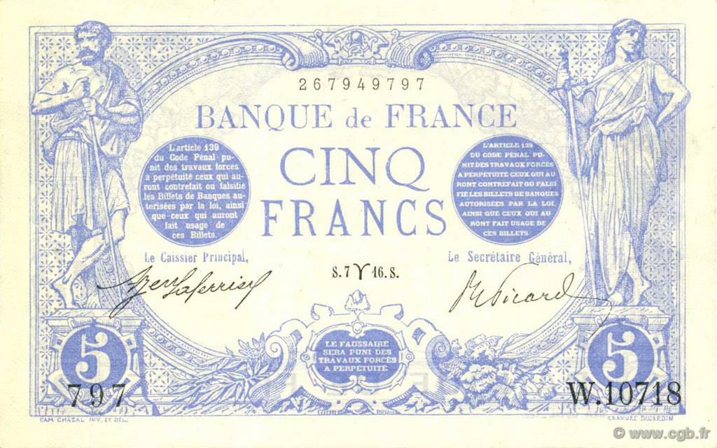 5 Francs BLEU FRANCE  1916 F.02.37 AU+