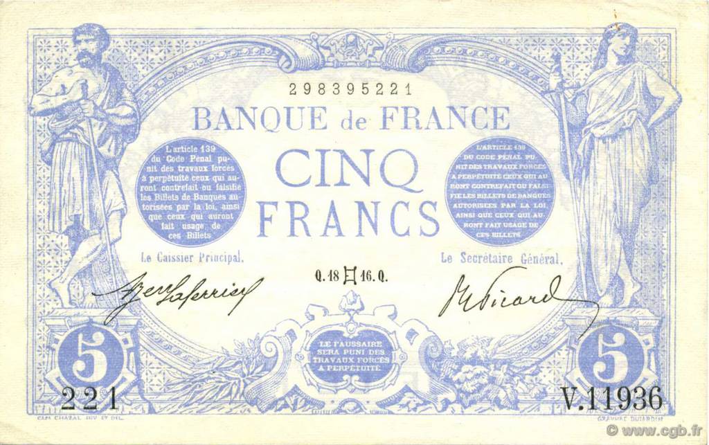 5 Francs BLEU FRANKREICH  1916 F.02.39 fST