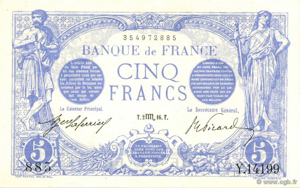 5 Francs BLEU FRANCIA  1916 F.02.44 q.FDC